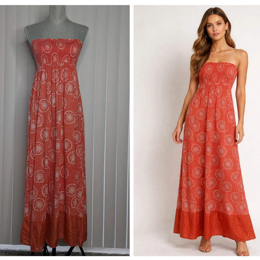 Velvet by Graham & Spencer Bandeau Strapless Orange Cotton Silk Maxi Dress Sz M - Picture 1 of 11